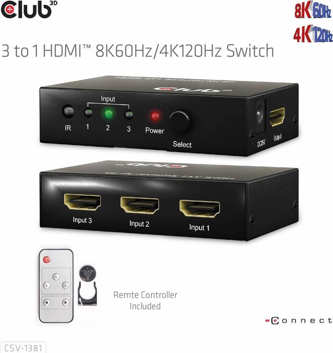 Actual product image Club 3D Club3D HDMI Switchbox 3 inputs -> 1 output 8K60Hz UHD retail