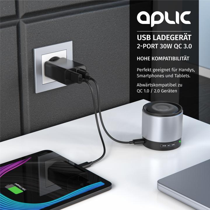 Produktbild Aplic USB Ladegerät 3000 mA, 2 Port, 30W, Quick Charge 3.0 (QC 3.0) Schnelladefunktion, schwarz (30 W)