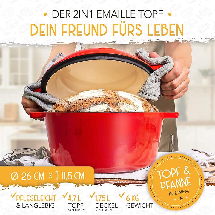 Produktbild Krustenzauber Gusseisen Topf Brot Backen 2in1 Emaille Rot