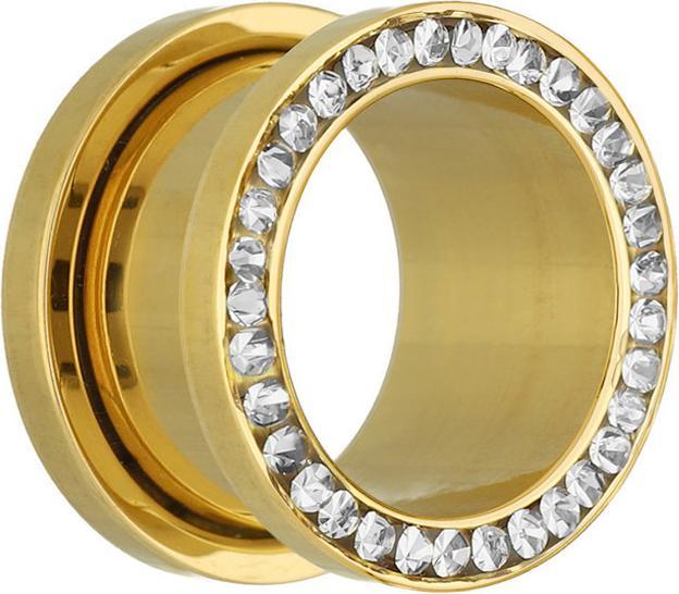 Star Piercing Flesh Tunnel vergoldet mit Kristall silber (Chirurgenstahl 316L)