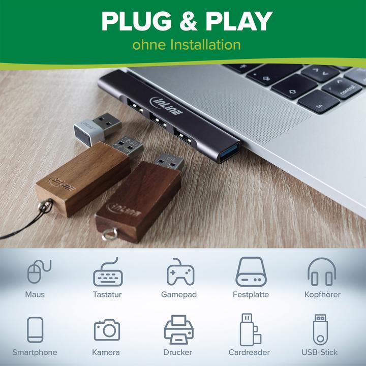 Immagine prodotto InLine Hub USB-C sottile, 4 porte, USB 3.0 + 3x USB 2.0, design sottile (USB-C, 4 Porti)