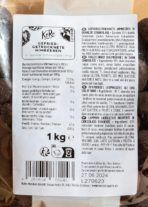 Produktbild KoRo Gefriergetrocknete Himbeeren in dunkler Schokolade (1000 g)