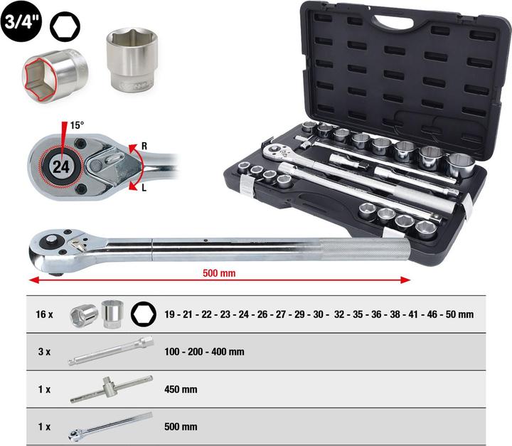 Produktbild KS Tools Steckschlüssel- Satz (19 mm, 21 mm, 22 mm, 23 mm, 24 mm, 26 mm, 27 mm, 29 mm, 30 mm, 32 mm, 35 mm, 36 mm, 38 mm, 41 mm, 46 mm, 50 mm)