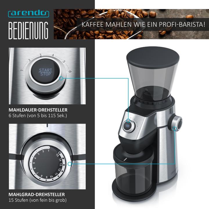 Produktbild Arendo Kaffeemühle 150 W, Kegelmahlwerk, 360 g Bohnenbehälter, Kaffee Mühle mit 15 Mahlgradstufen