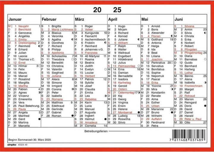 Valori nutrizionali e ingredienti Simplex Wandkalender m.Namenstag (A5, Copertina rigida, Tedesco)