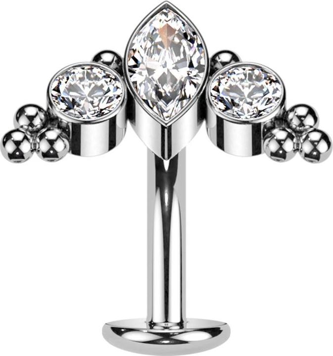 Star Piercing Threadless Labret-Stab Banane silber Ovaler Kristall silber und zwei Kristalle silber (Titan G23)