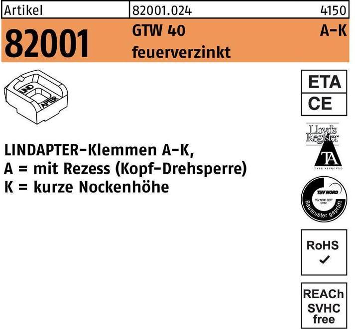 Produktbild Lindapter Klemmen R 82001 GTW 40 KM 10 / 4,0 feuerverzinkt (0.04 m)