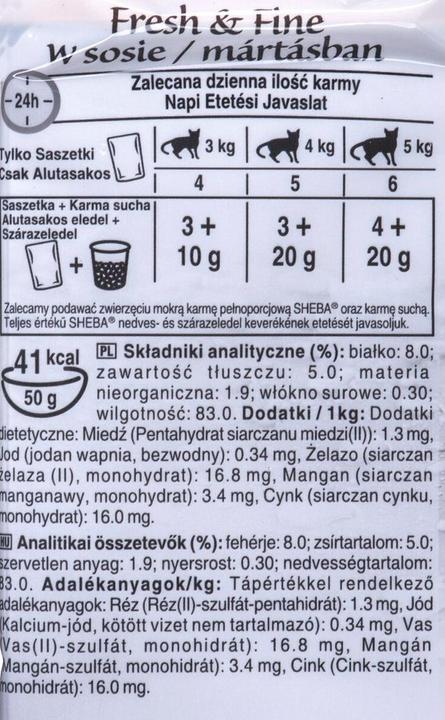 Valori nutrizionali e ingredienti Sheba Mini piatti di pesce in salsa Fresh & Fine 6 x 50g (Senior, 6 pz., 300 g)