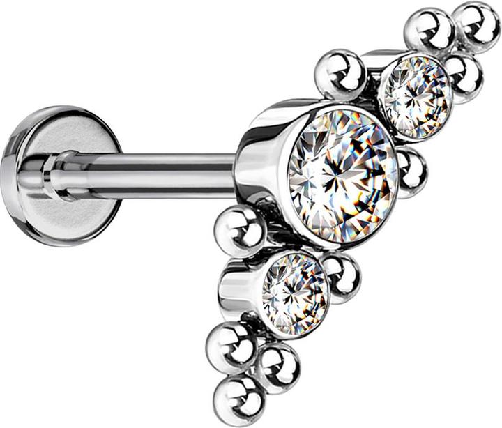 Actual product image Star Piercing Micro Threadless Labret silver centre with balls and three crystals silver (without brass, Titanium G23)
