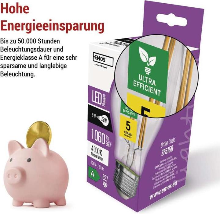 Produktbild Emos LED Lampe Filament A60 / E27 / 5 W (75 W) / 1 060 lm / Neutralweiss (E27, 5 W, 1060 lm, 1 x, A)