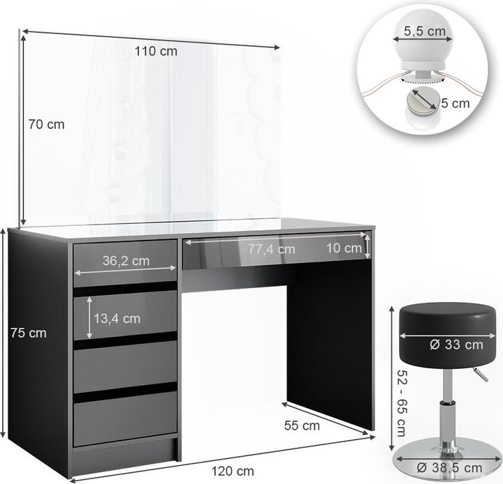 Produktbild Vicco Sherry mit Hocker und Beleuchtung (55 x 75 x 120 cm)