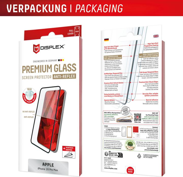 Produktbild Displex Premium Glass, Full Cover Anti-Reflex Panzerglas (1 Stück, Apple iPhone 16 Pro Max)