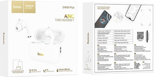 Image du produit Hoco - Wireless Earbuds (EW56 Plus) - Active Noise Cancelling, Bluetooth 5.3 - White (ANC, 4 h, Sans fil)