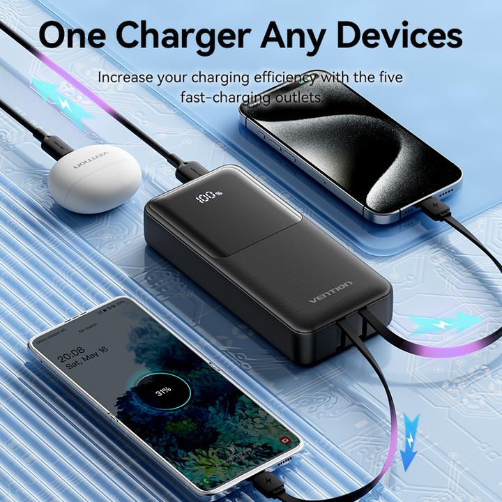 Produktbild Vention 20000mAh Power Bank (Micro-USB + USB-C + USB-A + USB-A) with Built-in USB-C and Lightning Cables 22.