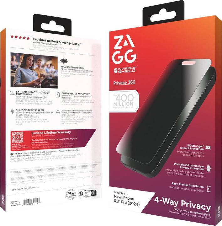 Zagg InvisibleShield Glass Elite Privacy 360 Apple Jim SMPro Screen (1 Piece, Apple iPhone 16 Pro)