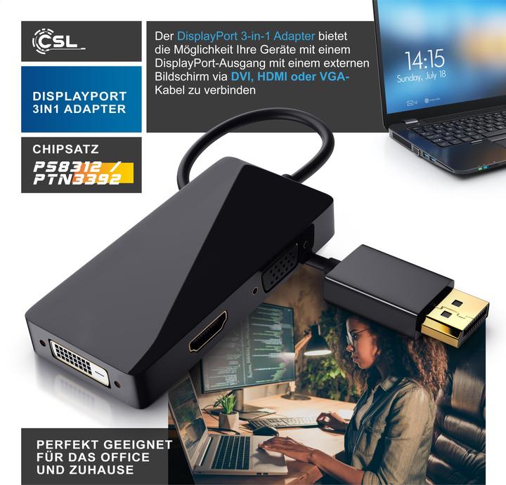 Immagine prodotto CSL Adattatore da DisplayPort a HDMI + DVI + VGA (DVI, HDMI, VGA, 10 cm)