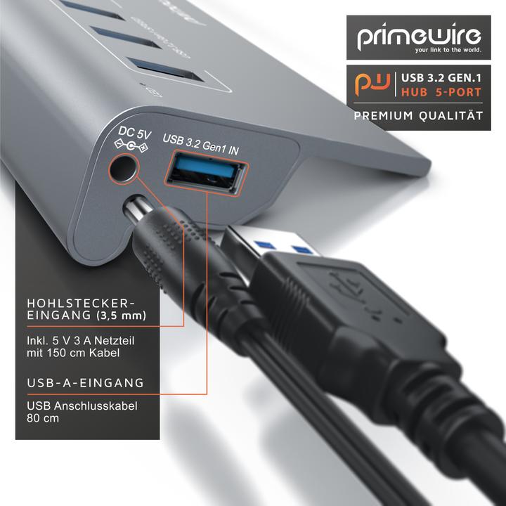 Image du produit Primewire Hub 5 ports USB 3.2 Gen.1 Actif avec adaptateur secteur & câble USB, Hub de données USB 3.0 5 (5 Ports)
