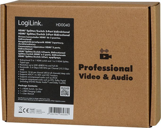Immagine prodotto LogiLink HD0040 Splitter HDMI 1x3/3x1-Porta, 4K/30 Hz, CEC, bidirezionale, pigtail