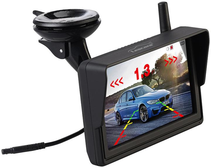 Produktbild Lescars Funk-HD-Rückfahrkamera in Nummernschildhalter, Monitor, Abstandswarner