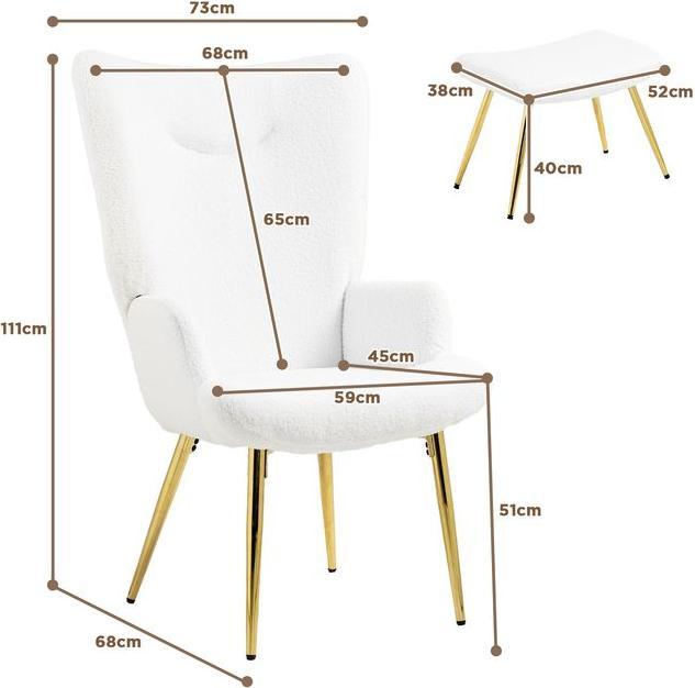 Immagine prodotto Swisshandel24 Ohrensessel mit Hocker, Sessel mit Sherpa-Bezug, Hohe Rückenlehne, Weiss
