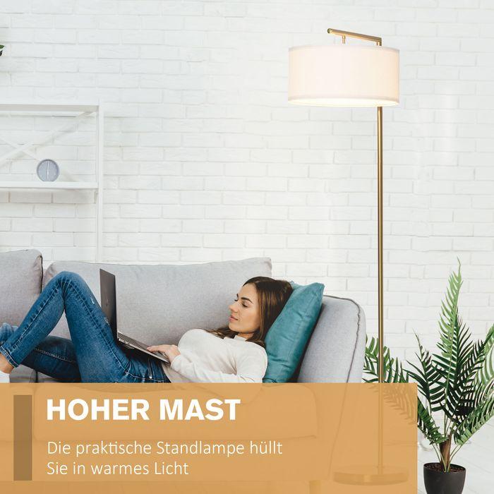 Produktbild Swisshandel24 Stehlampe Stehleuchte E27 Sockel für Wohnzimmer Schlafzimmer Büro Metall Stahl Leinen Gold+Weiss 47x (E27)