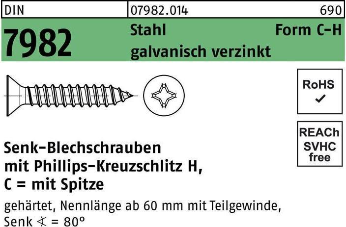 Actual product image Countersunk head tapping screw DIN 7982 with cross recess pH/tip C 2.9 x 22 -H Galvanised steel (100 Screws per piece)