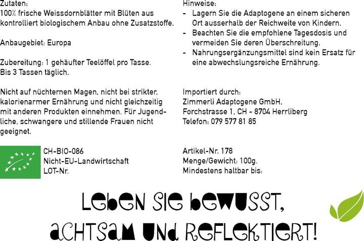 Nährwerte und Zutaten Zimmerli Adaptogene Weissdorn Tee (BIO) (100 g)