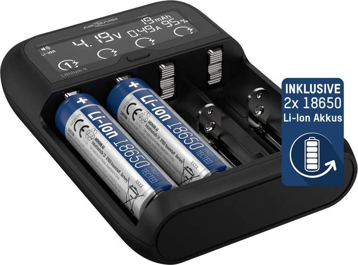 Produktbild Ansmann Lithium 4 Universalladegerät mit 2x 18650 Akkuzellen (2600mAh) Ladegerät (2 Stk., 18650, 2600 mAh, Ladegerät inkl. Akku)