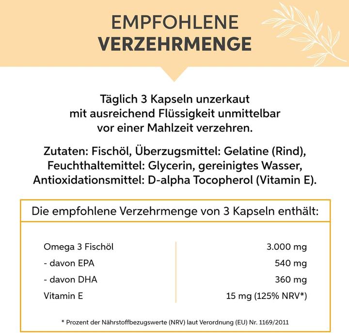 Nährwerte und Zutaten Eltabia Omega 3 Kapseln 1000 mg Fischöl hochdosiert 3000mg Tagesdosis mit 18% EPA & 12% DHA (100 Stück, Kapseln)