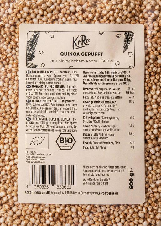 Nutritional values and ingredients KoRo Organic puffed quinoa (3600 g)
