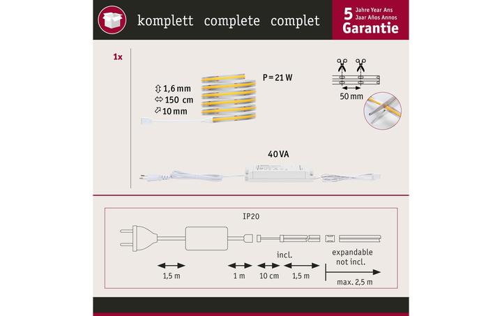 Immagine prodotto Paulmann MaxLED 1000 Set di strisce COB a linea intera (Bianco caldo, 150 cm, Interno)