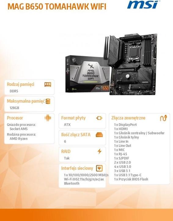 Produktbild MSI MAG B650 TOMAHAWK WIFI (AM5, AMD B650, ATX)