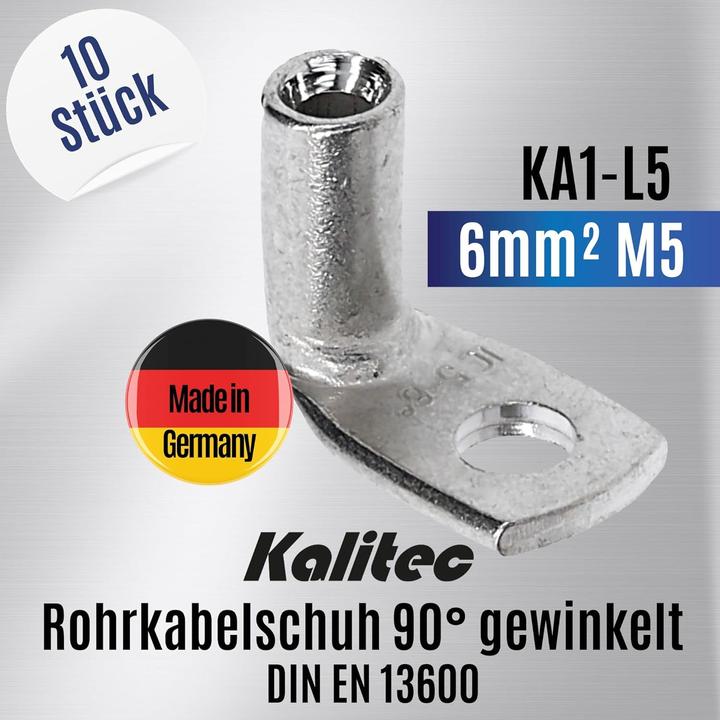 Produktbild Kalitec 10 Stück KA1-L5 Handelsübliche Rohrkabelschuhe gewinkelt 6mm² M5 I ohne Sichtloch I 90° I Ma