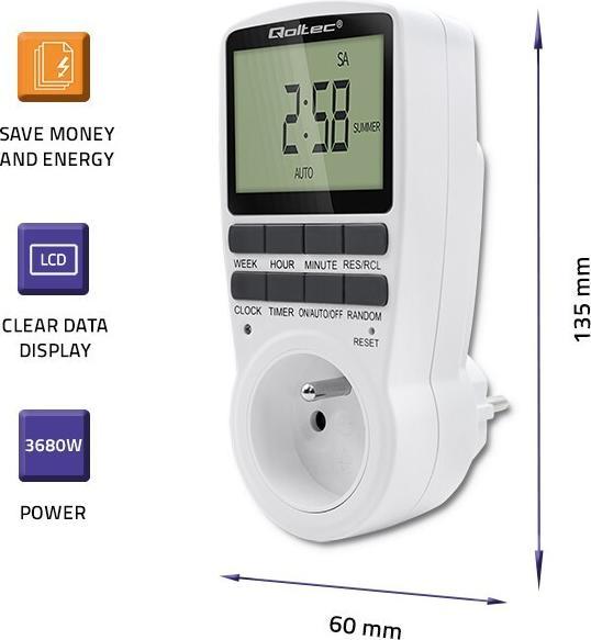 Image du produit Qoltec Elektroniczny programator czasowy PC0628 | 3680W | 16A | LCD