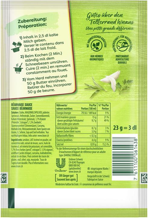 Nutritional values and ingredients Knorr Béarnaise sauce sachet, creamy delight with herbs, Bearnaise sauce ideal with poultry & fish (23 g)