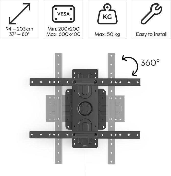 Image du produit Hama Support TV mural, portrait et paysage, 203 cm (80") jusqu'à 50 kg (Mur, 80", 50 kg)