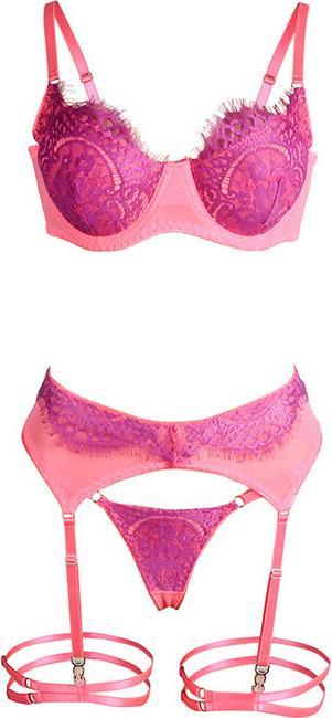 Immagine prodotto Subblime - 955366 SET REGGISENO CON PIZZO E GIARRETTIERA ROSA E VIOLA L/XL (XL)
