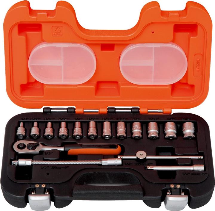 Immagine prodotto Bahco 1/4"-Steckschlüssel-Satz, metrisch, Sechskant, inklusive Umschaltknarre - 16-teilig (13 mm, 8 mm, 10 mm, 4 mm, 11 mm, 7 mm, 12 mm, 6 mm, 9 mm, 5 mm)