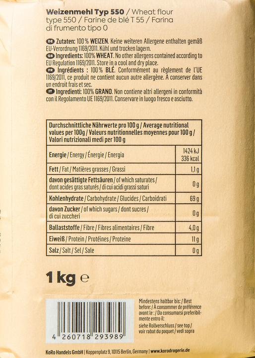 Valori nutrizionali e ingredienti KoRo Farina di grano tenero tipo 550 (10000 g)
