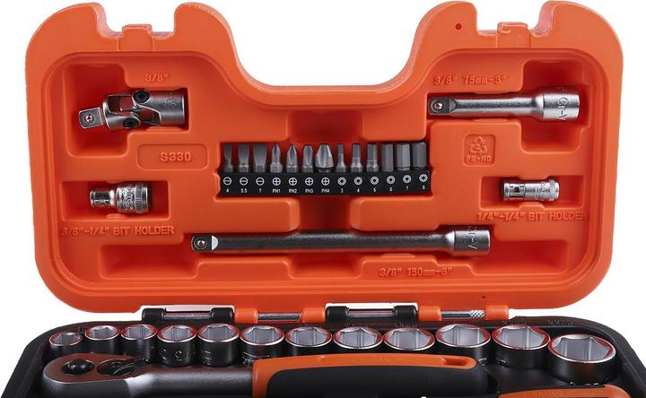 Immagine prodotto Bahco 1/4"- und 3/8"-Steckschlüssel-Satz, metrisch, Sechskant, inklusive Umschaltknarre - 34-teilig (3/8")