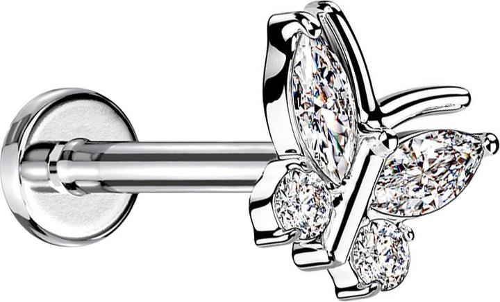 Image du produit Star Piercing Micro Labret femelle argenté papillon quatre cristaux argentés (Laiton, Acier chirurgical 316L)