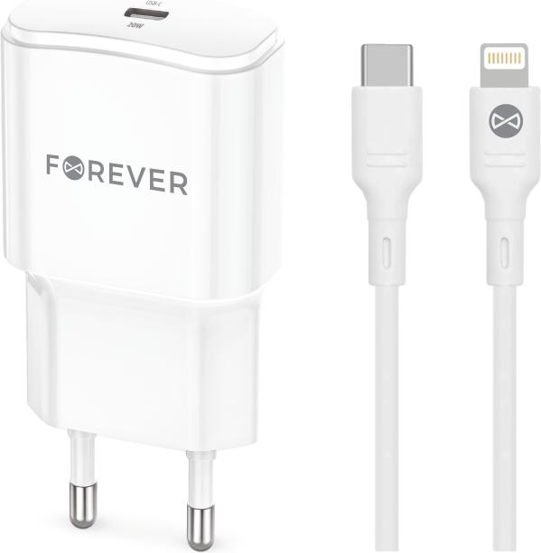 Image du produit Forever TC-01-20AC PD QC charger 1x USB-C 1x USB 20W white + USB-C - Lightning cable 20W (20 W)