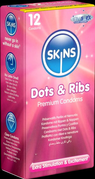 Produktbild Skins Dots & Ribs» 12 gerippt/genoppte Kondome aus kristallklarem Latex - ohne Latexgeruch (12 Stk.)