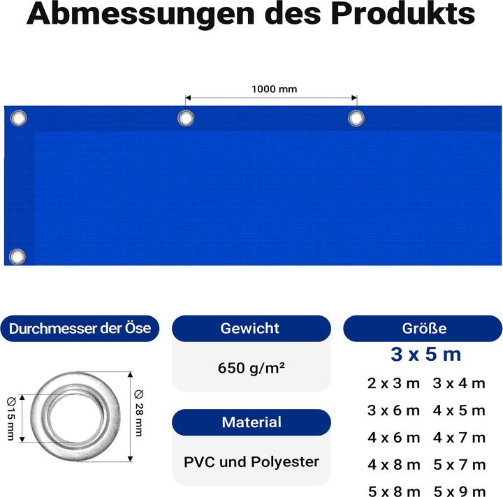Produktbild Wiltec Abdeckplane wetterfest blau 3x5m Polyester Gartenplane 650g/m² Ösen Plane