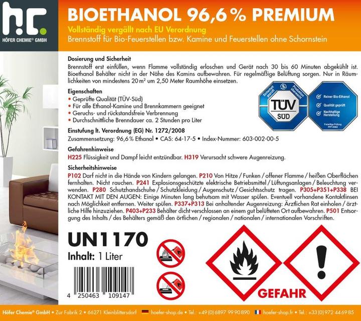 Produktbild Bioethanol 96,6% Premium für Ethanol-Tischkamin 1 Liter