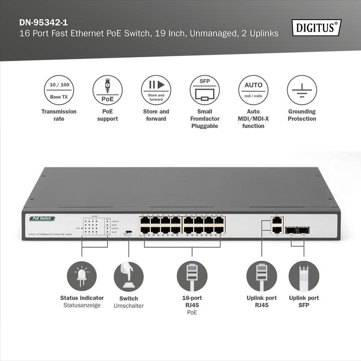Immagine prodotto Digitus 16 Port Fast Ethernet PoE Switch, 19 Inch, Unmanaged, 2 Uplinks (16 Porti)