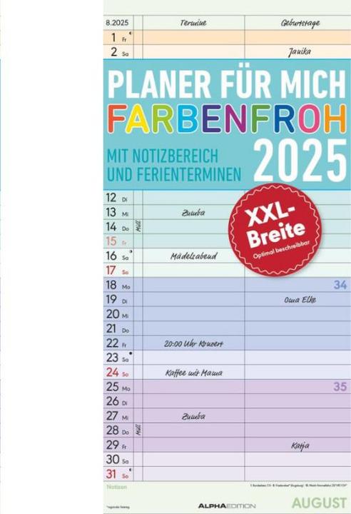 Alpha Edition Planner for me XL 2025 per la famiglia, 22x45cm, calendario familiare con 2 colonne per (22 x 45 cm, Copertina rigida, Tedesco)