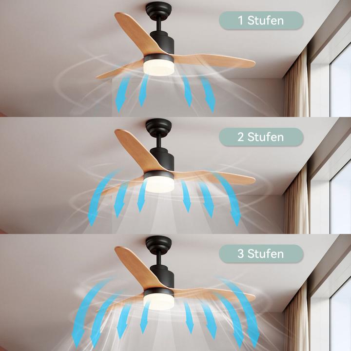 Produktbild SONNI Deckenventilator mit Licht und Fernbedienung, geräuschlos, 3 Farbtemperaturen, 119 cm, Schwarz (0 dB)