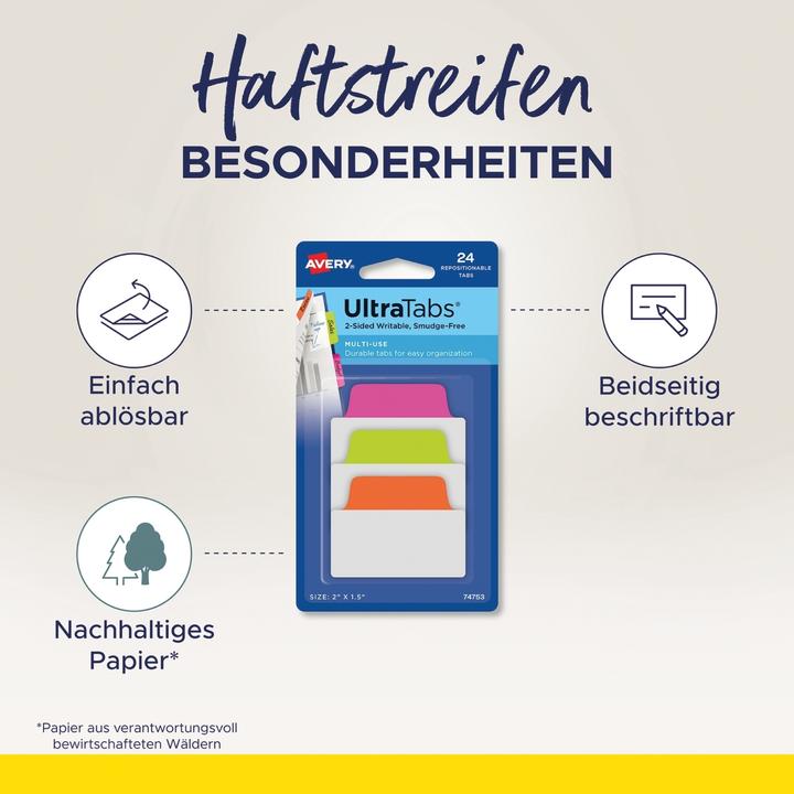 Produktbild Avery Zweckform Haftstreifen UltraTabs Pastell, 25,4 x 38 mm beschreibbare Taben, aus Polyester, papierbe