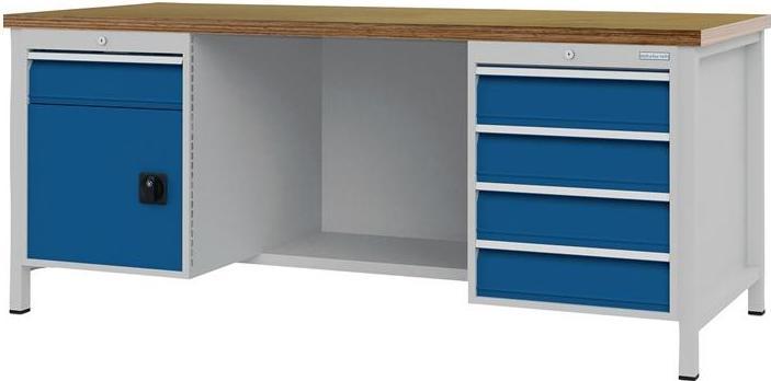 Actual product image Bedrunka & hirth Workbench signal blue light grey W2000xH859xD750mm beech multipl.40mm 5 drawers.1 door (76 cm, 201 cm)